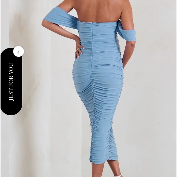 POWDER BLUE MATERNITY RUCHED BARDOT MIDI DRESS - Picture 2 of 3